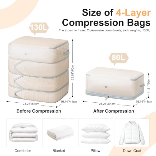 Easortm Comforter Storage Bag 130L Large Capacity Blanket Storage Bags 4Layer Ultra Space Saving Self Compression Organizer Washable Compression Bags for Storage Comforter Blanket 2Pack Beige - Image 3