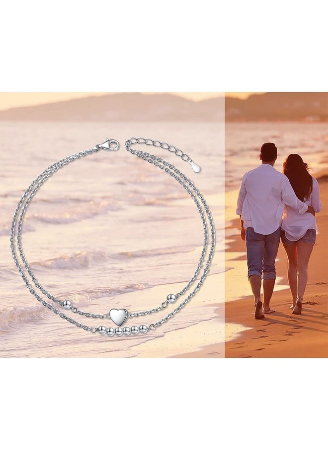 DAOCHONG Ankle Bracelets For Women 925 Sterling Silver Adjustable Layered Anklet Bead Heart Charm Foot Bracelet Anklets For Women Girls 9+1 Inch  - Image 3