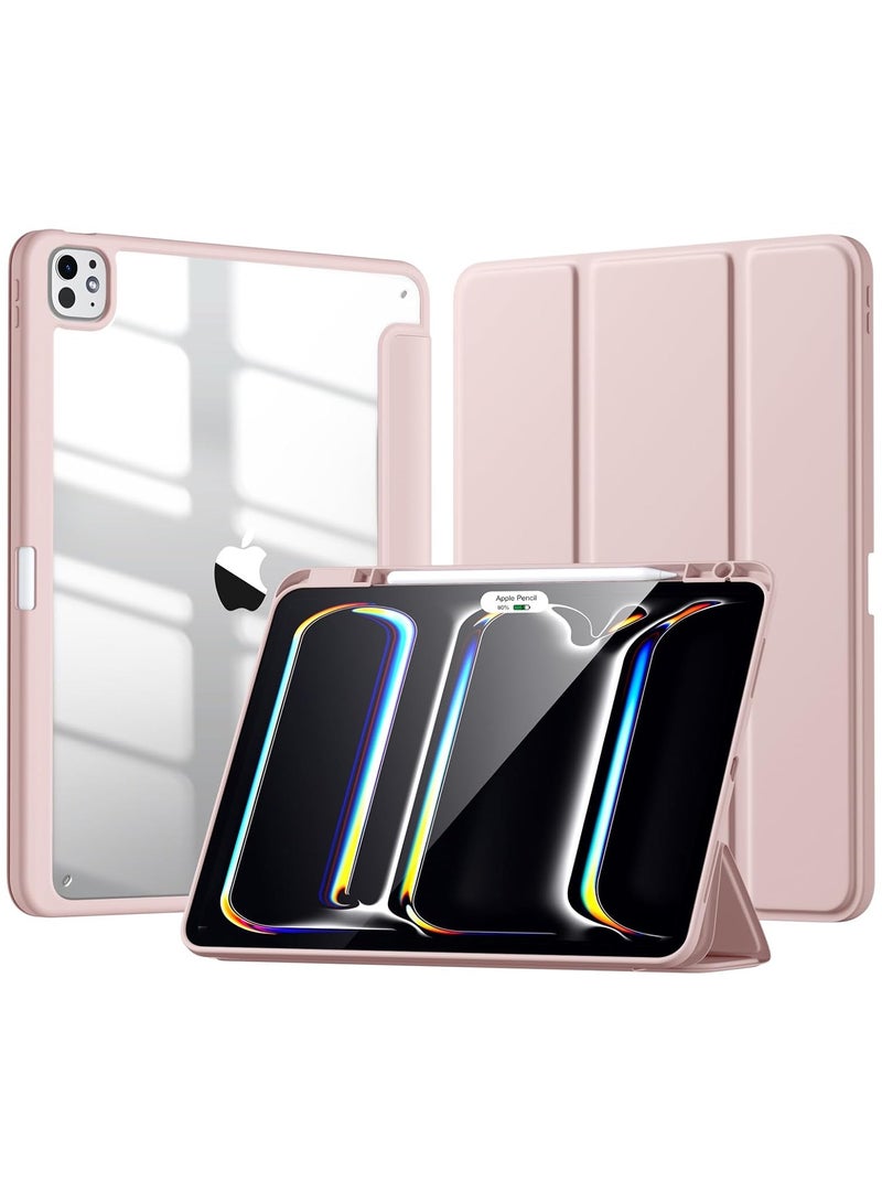 Hybrid Case Compatible with iPad Pro 13 inch 2024 (M4), [Built-in Pencil Holder] Shockproof Cover w/Clear Transparent Back Shell, Auto Wake/Sleep,pink
