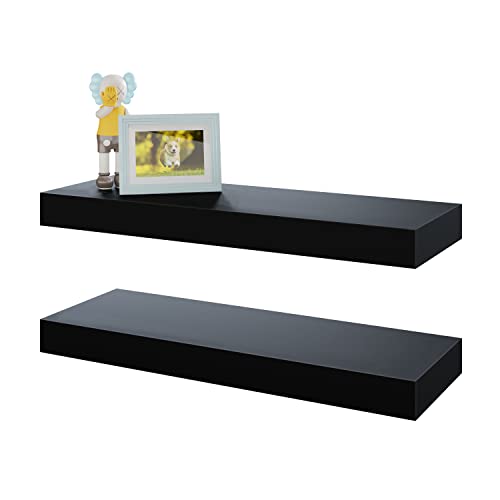 BAMEOS Floating Shelves Black Wall Mounted Wooden Shelves with Invisible Brackets Set of 2 Hanging Wall Shelves Decoration for Bedroom Bathroom Living Room and Kitchen