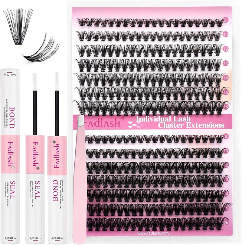FADLASH DIY Eyelash Extension Kit, 240Pcs Lash Clusters with Lash Bond and Seal, Clusters Eyelash Applicator Tool, D Curl DIY Lash Kit (30D+40D Kit) - Image 1