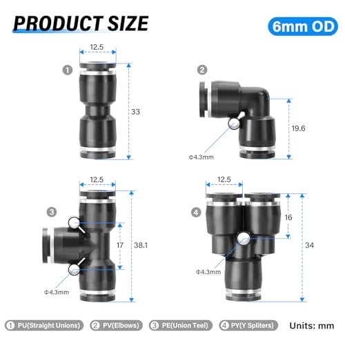 TAILONZ PNEUMATIC Black 6mm od Push to Connect Fittings Pneumatic Fittings Kit 10 Spliters10 Elbows10 tee10 Straight 40 pcs - Image 3
