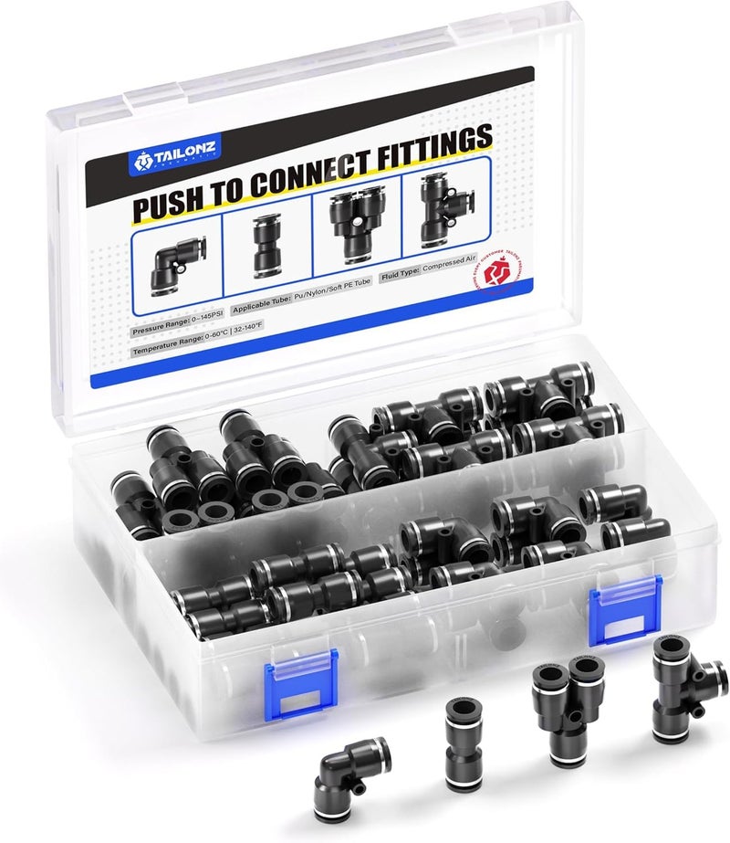 TAILONZ PNEUMATIC Black 6mm od Push to Connect Fittings Pneumatic Fittings Kit 10 Spliters10 Elbows10 tee10 Straight 40 pcs - Image 2