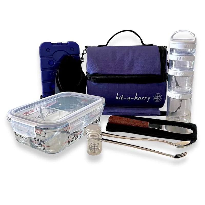 Portion Perfection KitnKarry Portion Control Containers with Bag Included  Food Portion Container Stackable Snack Containers Insulated Pail Ice Brick Portable Cutlery Kit Dressing Container and Napkin