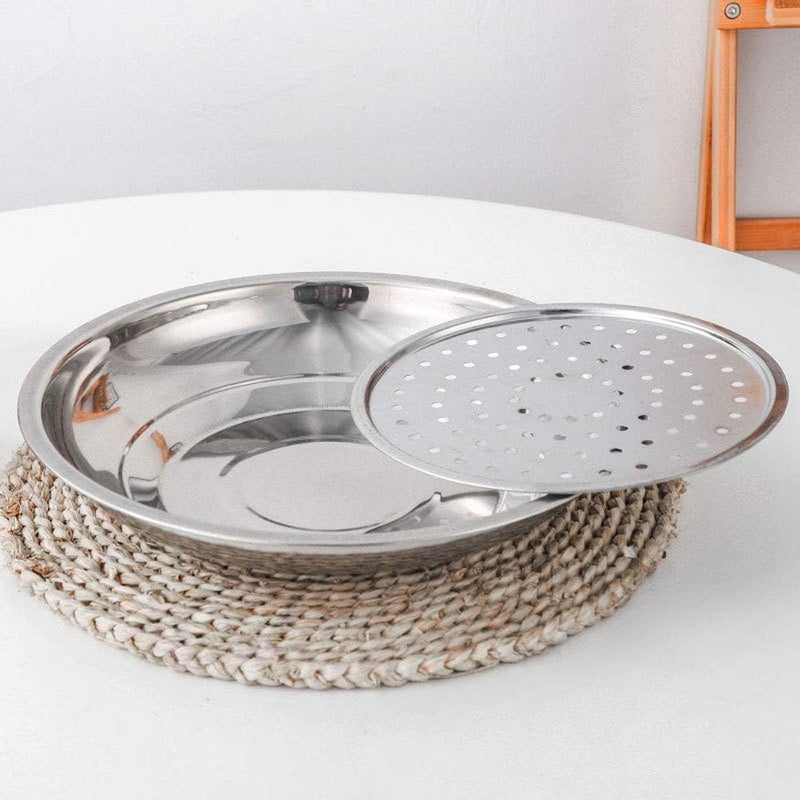 GS E-Com Double Layer Plates Draining Dishes Stainless Steel Food Dish Drain Tray Dumpling Dishes Multifunction Serving Dish Dinner Plates (30cm Diameter) - Image 4