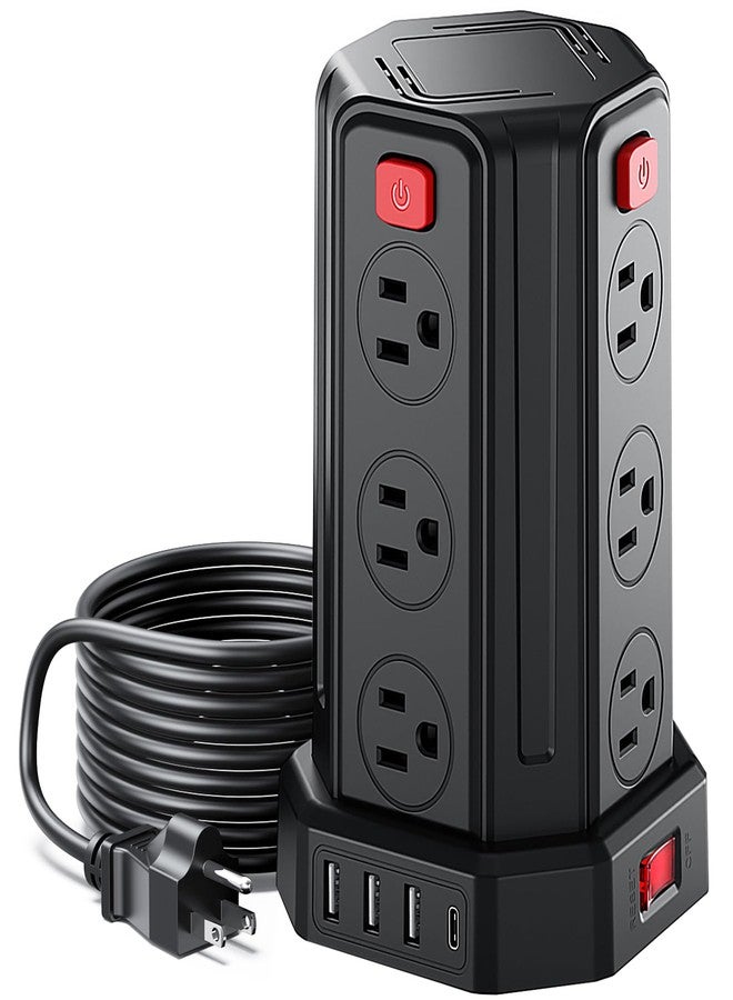 SMALLRT Power Strip Surge Protector, 6.5 Ft Extension Cord with 12 AC Multiple Outlets 4 USB (1 USB C), SMALLRT Power Tower Desktop Charging Station (Black, 6.5 Ft) - Image 1