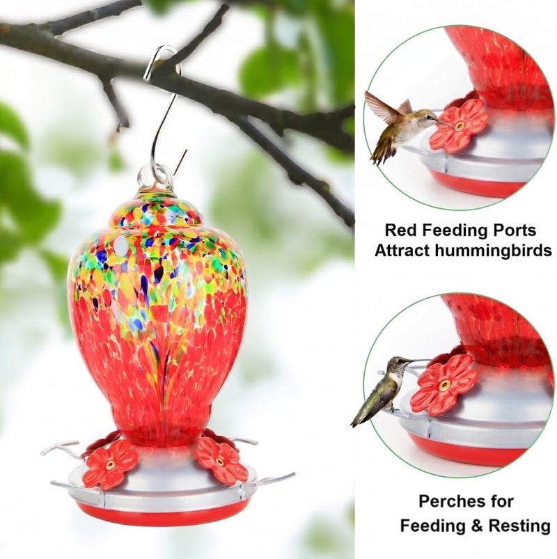WOSIBO Hummingbird Feeder for Outdoors Patio Large 32 Ounces Colorful Hand Blown Glass Hummingbird Feeder with Ant Moat Hanging Hook, Rope, Brush and Service Card (Red-Sunrise) - Image 2