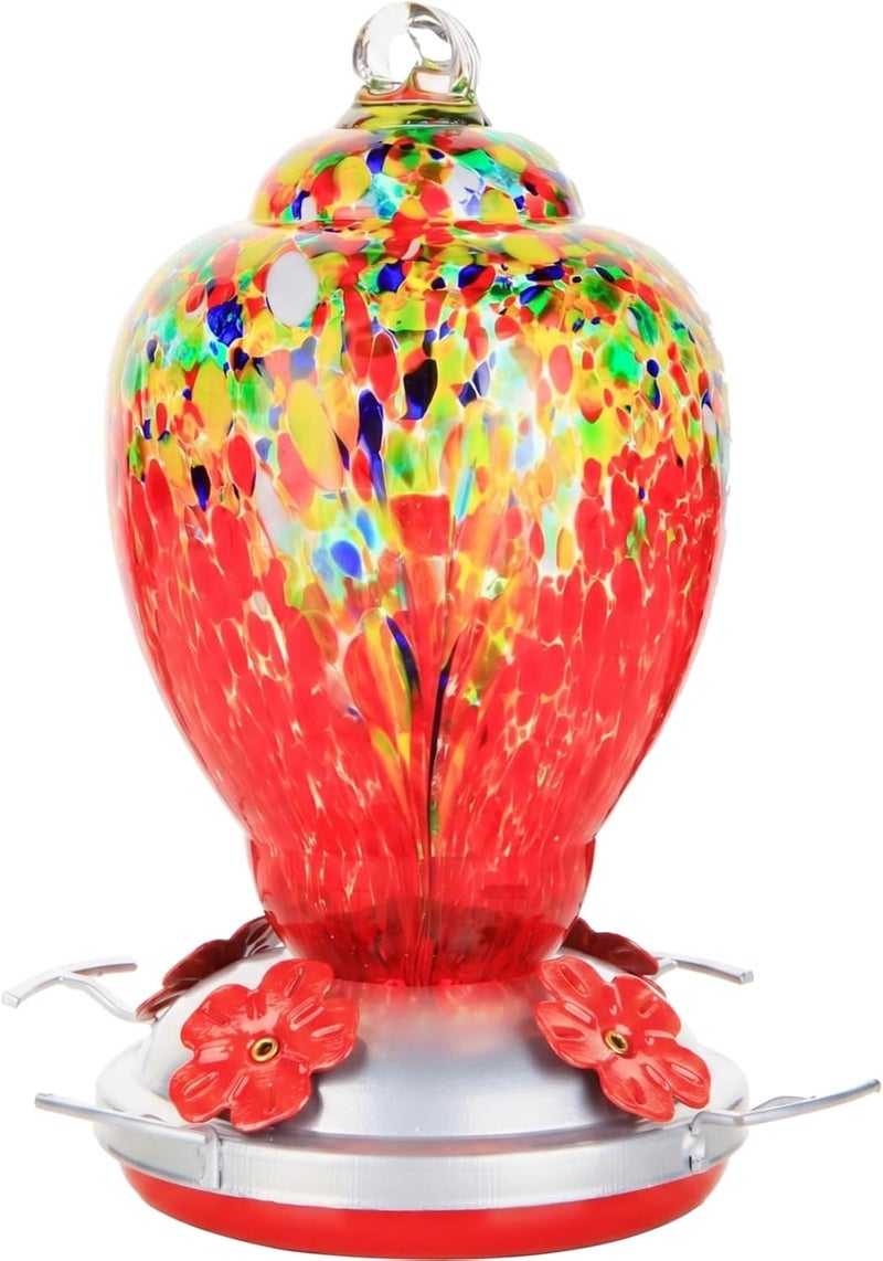 WOSIBO Hummingbird Feeder for Outdoors Patio Large 32 Ounces Colorful Hand Blown Glass Hummingbird Feeder with Ant Moat Hanging Hook, Rope, Brush and Service Card (Red-Sunrise) - Image 1