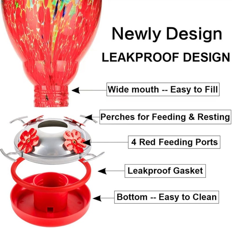 WOSIBO Hummingbird Feeder for Outdoors Patio Large 32 Ounces Colorful Hand Blown Glass Hummingbird Feeder with Ant Moat Hanging Hook, Rope, Brush and Service Card (Red-Sunrise) - Image 5