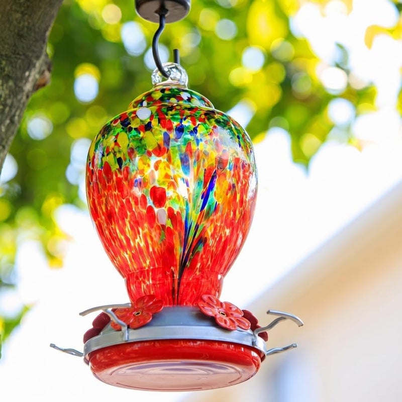 WOSIBO Hummingbird Feeder for Outdoors Patio Large 32 Ounces Colorful Hand Blown Glass Hummingbird Feeder with Ant Moat Hanging Hook, Rope, Brush and Service Card (Red-Sunrise) - Image 3