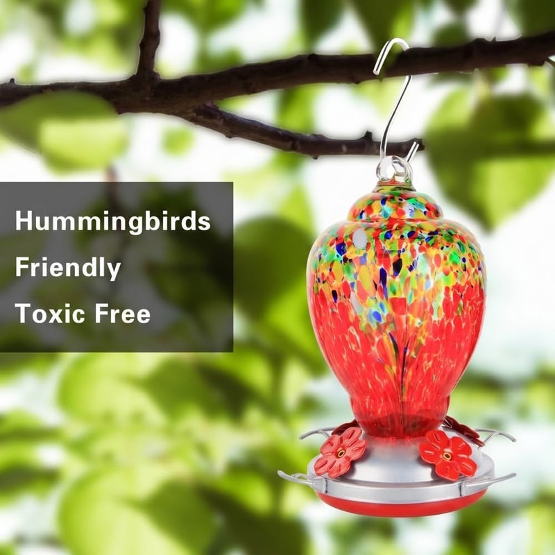 WOSIBO Hummingbird Feeder for Outdoors Patio Large 32 Ounces Colorful Hand Blown Glass Hummingbird Feeder with Ant Moat Hanging Hook, Rope, Brush and Service Card (Red-Sunrise) - Image 4