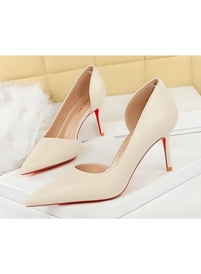 بيج تري المضخات النسائية مغلقة أشارت إصبع القدم الكعب العالي الحزب فستان الأحذية كريم أبيض 7.5CM - Image 1