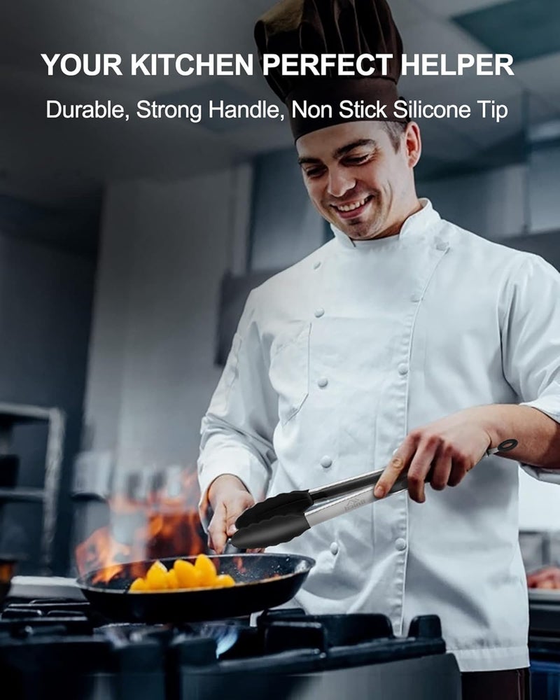 Bnlcd 600ºF Heat Resistant Kitchen Tongs, Premium Locking Cooking Tongs with Silicone Tips, Non-Slip Food Tongs for Cooking, Non-Stick, Heavy Duty Stainless Steel Handle, Set of 3-7" 9" and 12" Black - Image 2