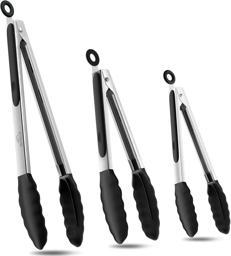 Bnlcd 600ºF Heat Resistant Kitchen Tongs, Premium Locking Cooking Tongs with Silicone Tips, Non-Slip Food Tongs for Cooking, Non-Stick, Heavy Duty Stainless Steel Handle, Set of 3-7" 9" and 12" Black - Image 1