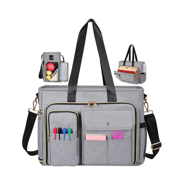 ESTARER Teacher Tote Bag Women 15.6 inch Laptop Bag for Work with Accordion File Organizer & Insulated Pocket, Professional Computer Messenger Shoulder Bag Briefcase for Office/College/Nursing (Grey) - Image 1