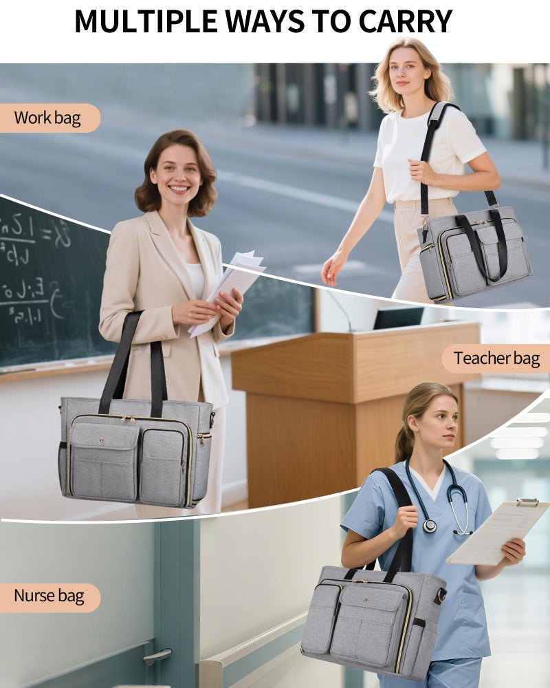 ESTARER Teacher Tote Bag Women 15.6 inch Laptop Bag for Work with Accordion File Organizer & Insulated Pocket, Professional Computer Messenger Shoulder Bag Briefcase for Office/College/Nursing (Grey) - Image 2
