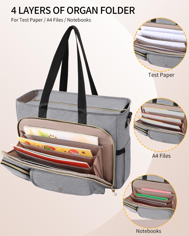 ESTARER Teacher Tote Bag Women 15.6 inch Laptop Bag for Work with Accordion File Organizer & Insulated Pocket, Professional Computer Messenger Shoulder Bag Briefcase for Office/College/Nursing (Grey) - Image 4