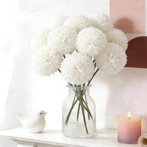 SHINE-CO LIGHTING Artificial Chrysanthemum Ball Flowers Hydrangea Arrangement Bouquet Presents Decor 10pcs Without Vase (Milk White) - Image 1