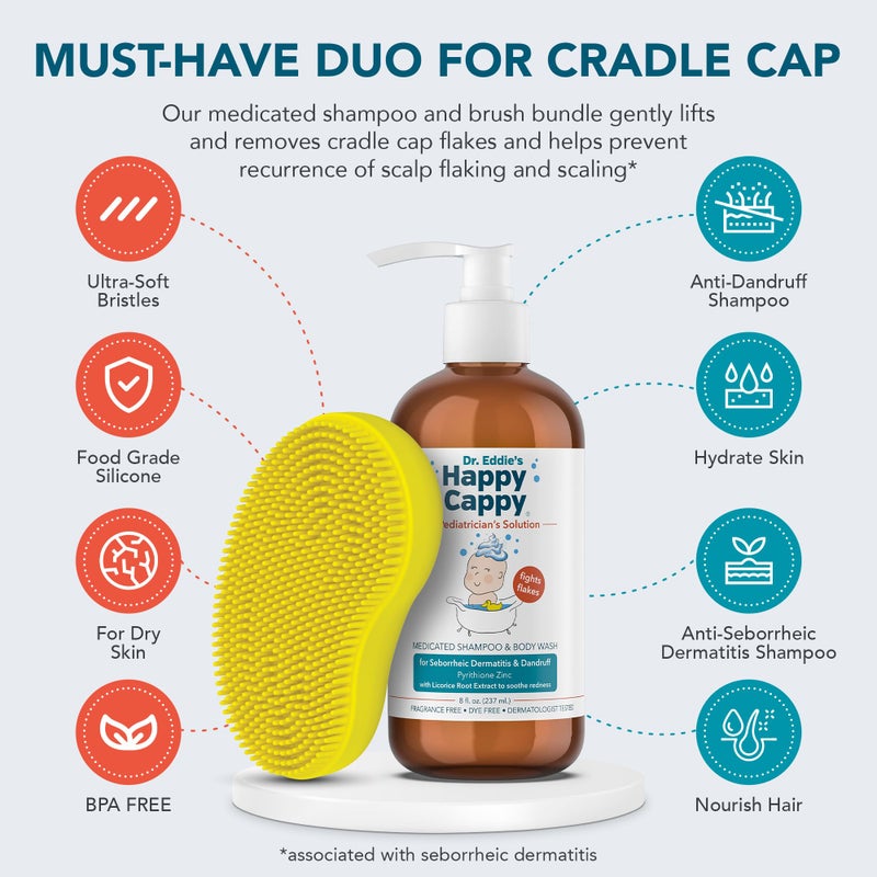 هابي كوبي Medicated Shampoo and Body Wash and Beanie Brush Bundle - Baby Dandruff Shampoo, Helps Cradle Cap and Seborrheic Dermatitis, Fragrance-Free, Gentle Baby Scalp Scrubber - 2 Pieces - Image 2
