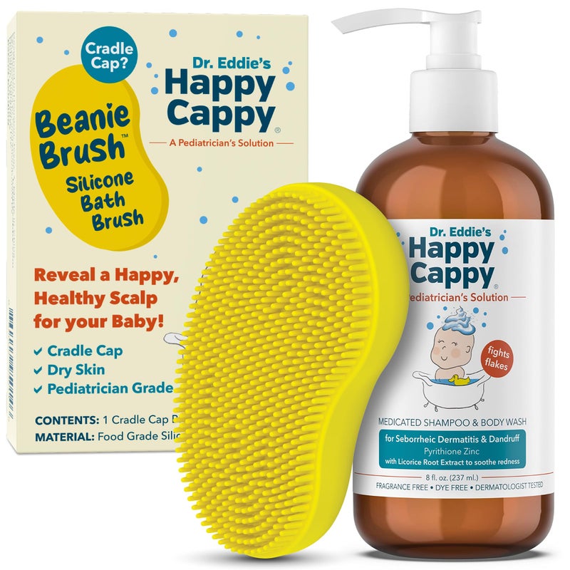 هابي كوبي Medicated Shampoo and Body Wash and Beanie Brush Bundle - Baby Dandruff Shampoo, Helps Cradle Cap and Seborrheic Dermatitis, Fragrance-Free, Gentle Baby Scalp Scrubber - 2 Pieces - Image 1