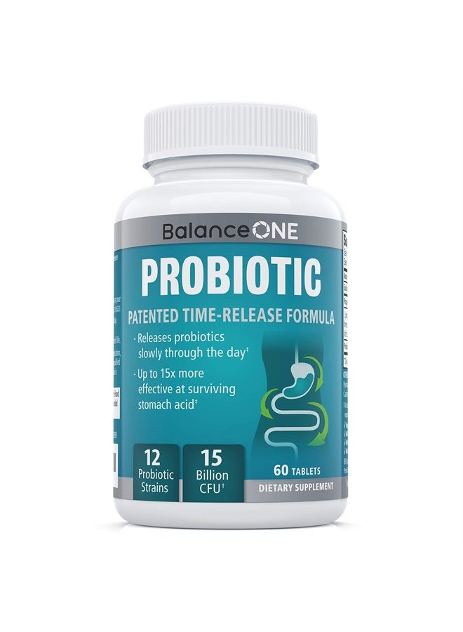 Balance ONE Probiotic, Daily Probiotics for Women & Men, Shelf Stable, 15 Billion CFUs with Prebiotics, 12 Strains, Lactobacillus Plantarum Acidophilus & Paracasei, 60 Time-Release Tablets - Image 1