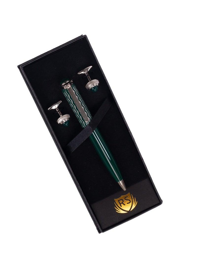 آر إس طقم قلم وكبك باللون الاخضر الفضي - Image 1