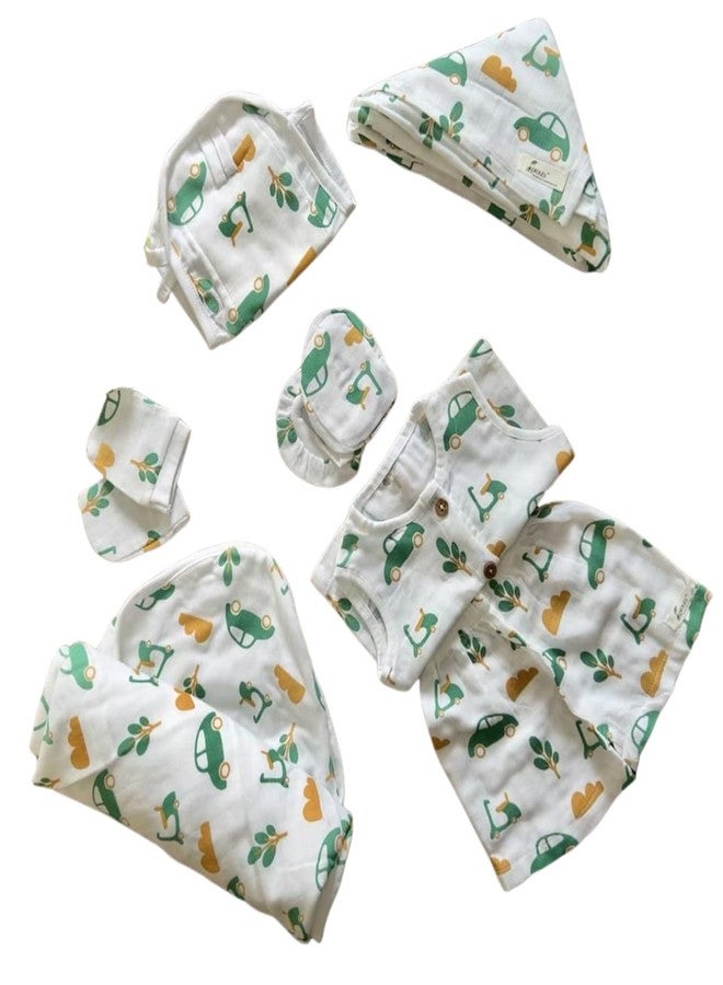 Sprouts Cotton Muslin Jabla 2 nos/Shorts/Gloves/Booties / 1mtr x 1 mtr Towel/Swaddle Double Layered 70cm x 70 cm/Nappy (Car Print) - Image 1