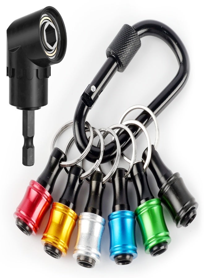 Katerk 1/4inch Hex Shank Aluminum Alloy Screwdriver Bits Holder Extension Bar Drill Screw Adapter Change Keychain Portable（6PC color with black carabiner）, Includes 105° Right Angle Drill - Image 1
