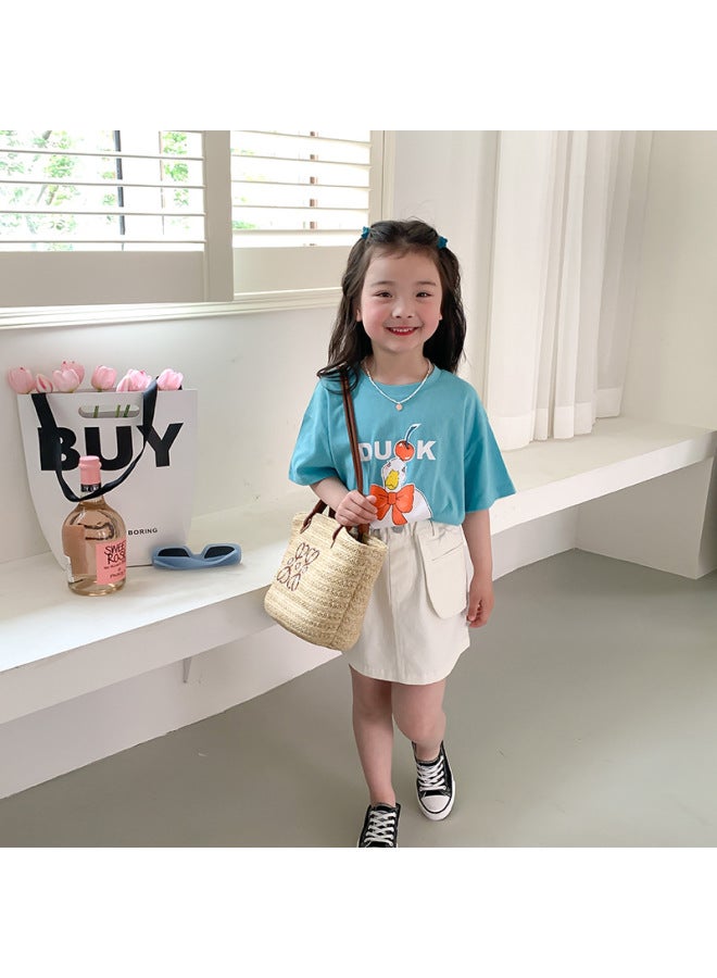 Children's Summer Thin Cartoon Print Short Sleeve Korean Style Boys And Girls Ramie Cool Mint Fun Bobot Shirt