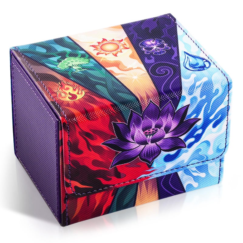 UAONO Card Deck Box for MTG, Trading Cards Storage Box Holds 120+ Sleeved Commander Deck, PU Leather Card Box Suits TCG Magic with 2 Dividers (Black,Lotus) - Image 1