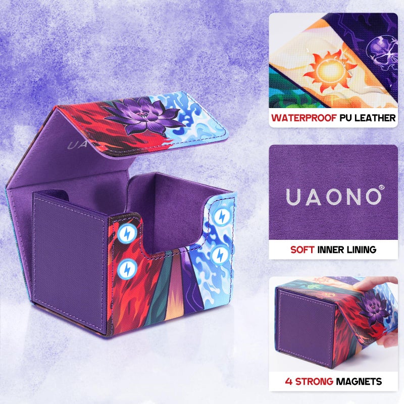 UAONO Card Deck Box for MTG, Trading Cards Storage Box Holds 120+ Sleeved Commander Deck, PU Leather Card Box Suits TCG Magic with 2 Dividers (Black,Lotus) - Image 5