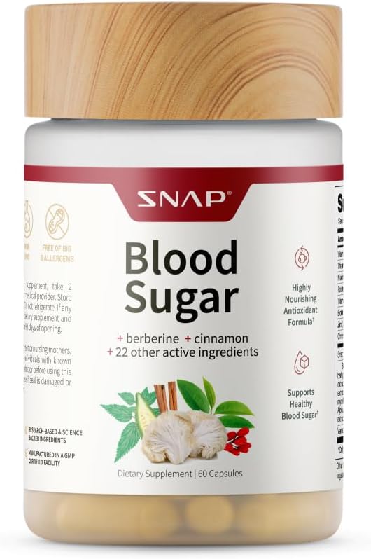 Snap Supplements Blood Sugar Blend with Berberine CoQ10 Cinnamon Alpha Lipoic Acid and Gymnema to Support Healthy Blood Sugar Metabolic Health and Energy Sugar Free 60 Capsules - Image 1