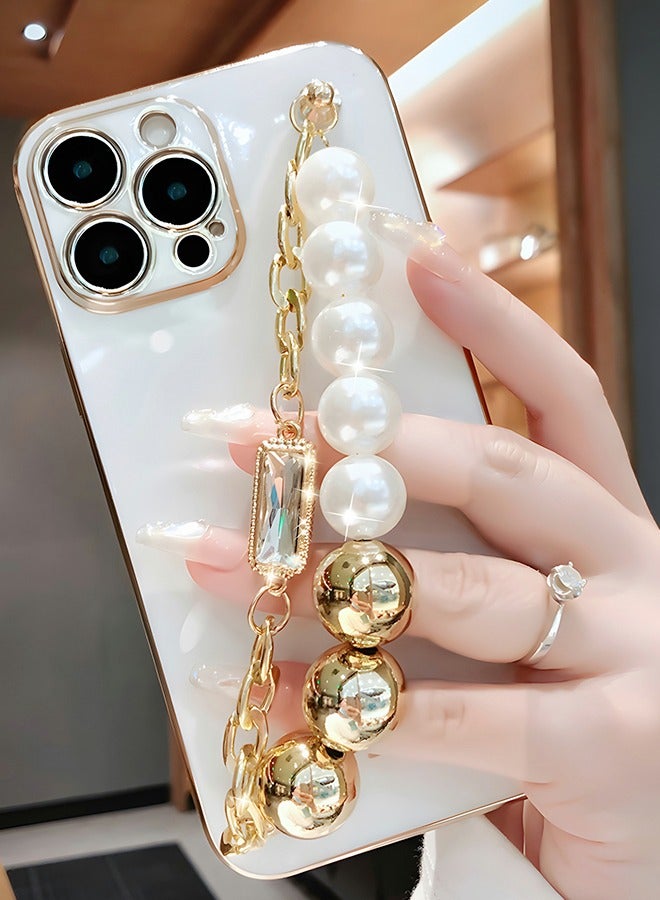 GROIC iPhone 14 Pro Max Phone Case with Fashion Pearl Bracelet Strap,Luxury Plating Cover,White TPU Phone Shell for Women,Camera Protection Shockproof Bumper Phone Case for iPhone 14 Pro Max 6.7 Inch - Image 4