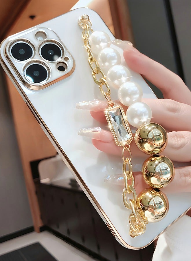 GROIC iPhone 14 Pro Max Phone Case with Fashion Pearl Bracelet Strap,Luxury Plating Cover,White TPU Phone Shell for Women,Camera Protection Shockproof Bumper Phone Case for iPhone 14 Pro Max 6.7 Inch - Image 2