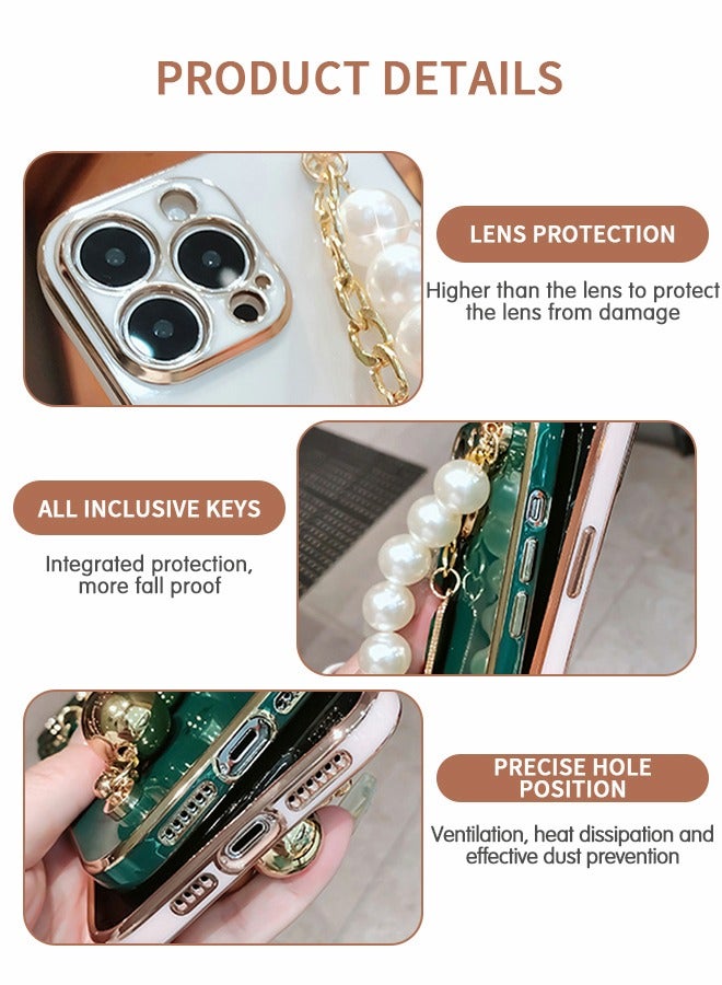 GROIC iPhone 14 Pro Max Phone Case with Fashion Pearl Bracelet Strap,Luxury Plating Cover,White TPU Phone Shell for Women,Camera Protection Shockproof Bumper Phone Case for iPhone 14 Pro Max 6.7 Inch - Image 3