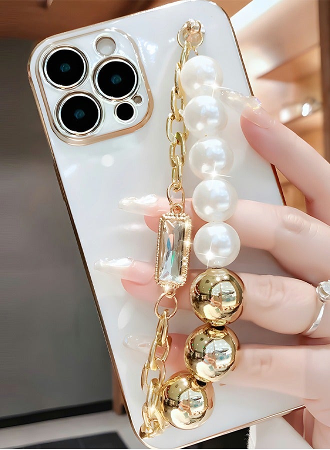 GROIC iPhone 14 Pro Max Phone Case with Fashion Pearl Bracelet Strap,Luxury Plating Cover,White TPU Phone Shell for Women,Camera Protection Shockproof Bumper Phone Case for iPhone 14 Pro Max 6.7 Inch - Image 5