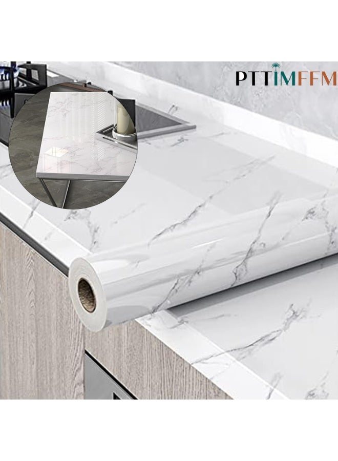 بتيمفم ورق لاصق لامع من الرخام الأبيض مصنوع من مادة البولي إيثيلين تيرفثالات، قابل للتقشير واللصق، مقاوم للماء والزيت، مناسب لأسطح المطبخ والخزائن وتجديد الأثاث (5 أمتار × 40 سم) (النمط 2) - Image 1