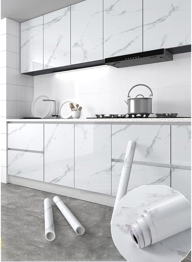 بتيمفم ورق لاصق لامع من الرخام الأبيض مصنوع من مادة البولي إيثيلين تيرفثالات، قابل للتقشير واللصق، مقاوم للماء والزيت، مناسب لأسطح المطبخ والخزائن وتجديد الأثاث (5 أمتار × 40 سم) (النمط 2) - Image 5