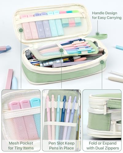 Four Candies 56 PCS Aesthetic School Supplies with Pencil Case, 6 Multicolor Pen, 12 Pastel Highlighters, 5 Gel Pens Black Ink, 9 Mechanical Pencils for Student Stationary Set Preppy Stuff (Green) - Image 4