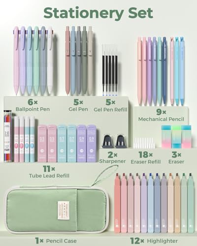 Four Candies 56 PCS Aesthetic School Supplies with Pencil Case, 6 Multicolor Pen, 12 Pastel Highlighters, 5 Gel Pens Black Ink, 9 Mechanical Pencils for Student Stationary Set Preppy Stuff (Green) - Image 2