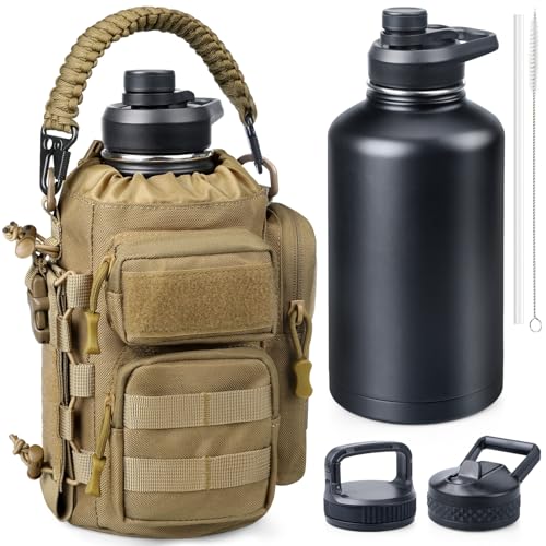 RXW 64 oz Insulated Water Bottle with Sleeve, Half Gallon Stainless Steel Tactical Water Jug Large Military Water Bottle with 3-IN-1 Pouch/3 Lids/Straw/Paracord Handle for Gym, Camping, Workout - Image 1