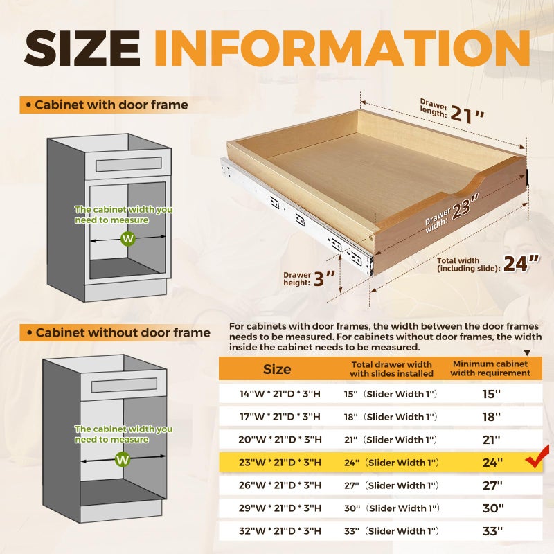 Mobirex Pull Out Drawers for Cabinet Wood Slide Out Cabinet Organizer and Storage Cabinet Kitchen Drawers Slide Out Shelves Pull Out Shelves in Kitchen Pantry Bathroom with Soft Close 24"W x 22"D x 3"H - Image 2