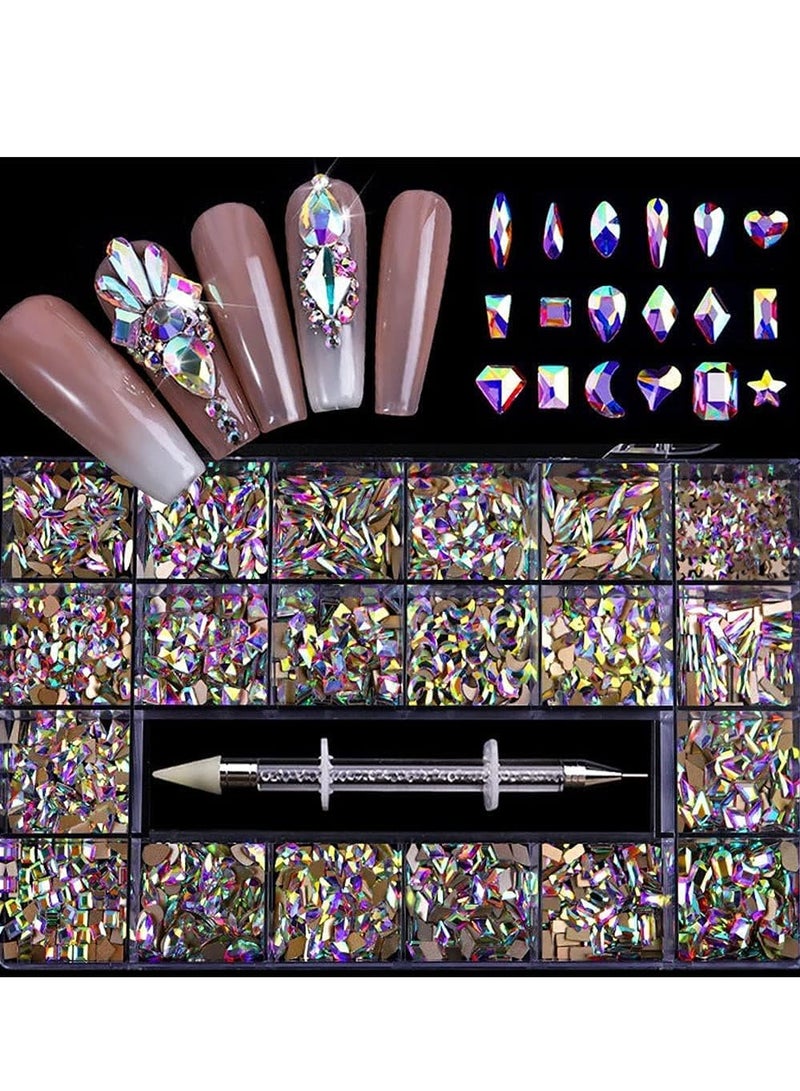 VERONNI Professional AB Crystal Rhinestones with Wax Pen Multi Shapes Glass Rhinestones for Nail Art Craft Mix Sizes Nail Gems Packaged in Storage Box Nail Art Supplies Accessories - Image 1
