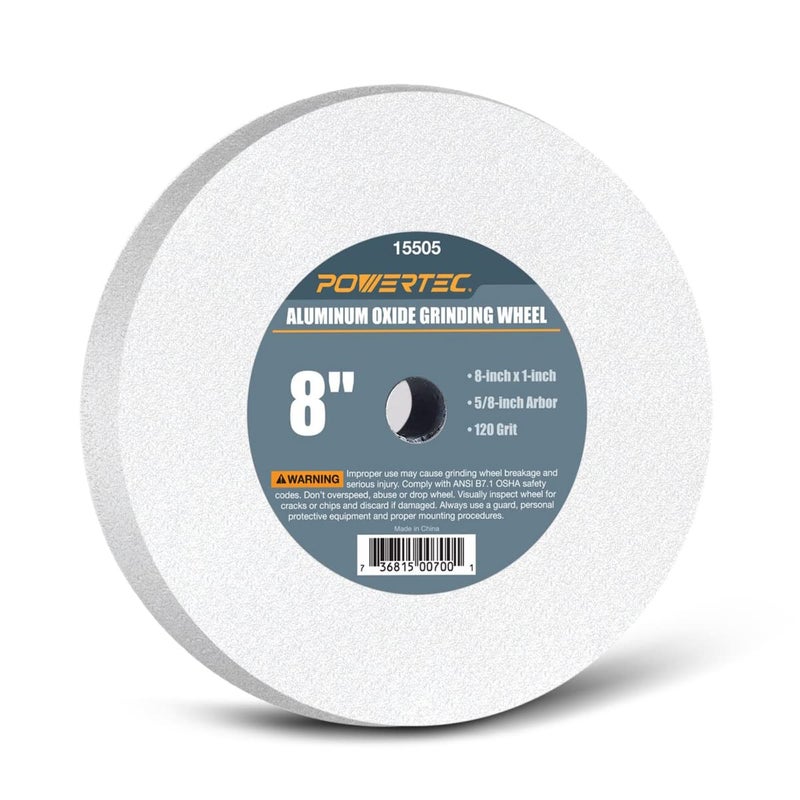 POWERTEC Bench Grinder Wheel 8 Inch 120 Grit, White Aluminum Oxide Grinding Wheel for Bench Pedestal Grinder, 1" Thick 5/8" Arbor, Sharpening & Shaping Drill Bits, Blade, and Chisel 1PK (15505) - Image 1