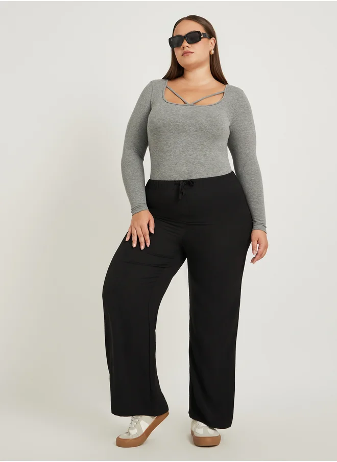 ستايلي Plus Size No Waistband Wide Leg Pants with Drawstring