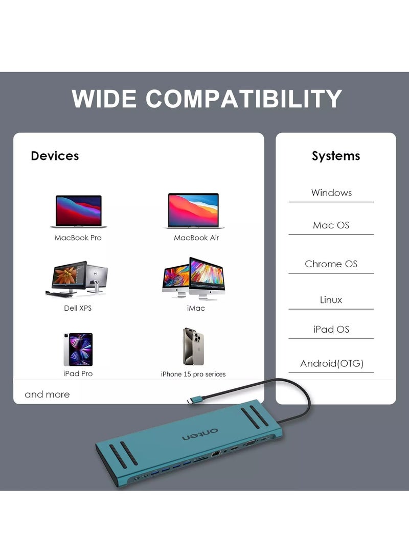 أونتن - 13 في 1 USB C Docking Station ، USB C Network Hub مع HDMI VGA PD (3.0) ، 4 * USB ، 2 * USB C ، 10 / 100M Gigabit ، حامل الكمبيوتر المحمول لجهاز MacBook iPad Surface pro والمزيد من أجهزة الكمبيوتر المح - Image 1