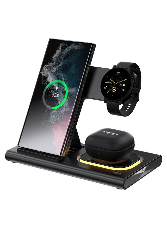 TEXEEM 4-in-1 Foldable Magnetic Wireless Charging Station, QC4.0 Fast Charging Stand for Phone, Watch and Earbuds, Black - Image 1