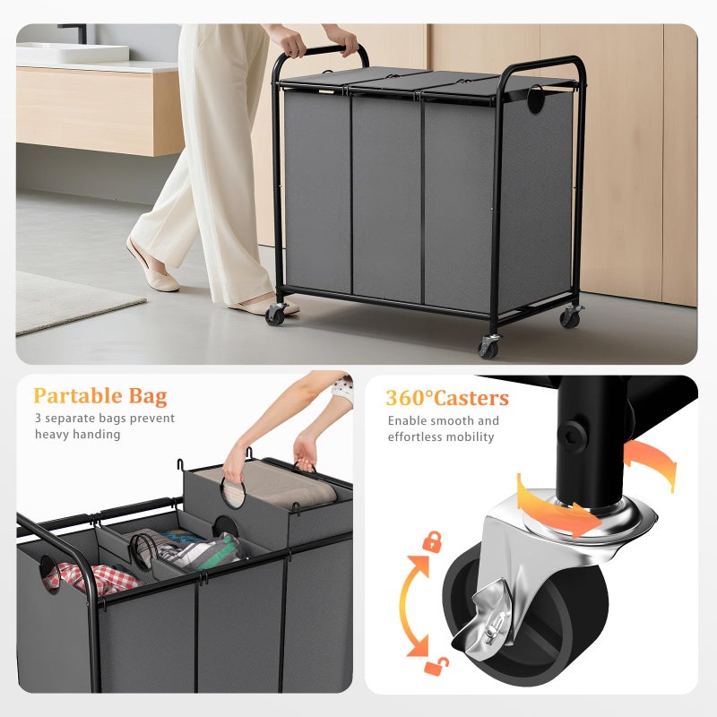 Olldide 180L (47.55 Gal) Laundry Sorter 3 Section, Rolling Laundry Basket with Lockable Wheels and Lid, Laundry Hamper with 3 Separated Removable Bags Dirty Clothes Hamper for Laundry Room Organizer, Grey - Image 3