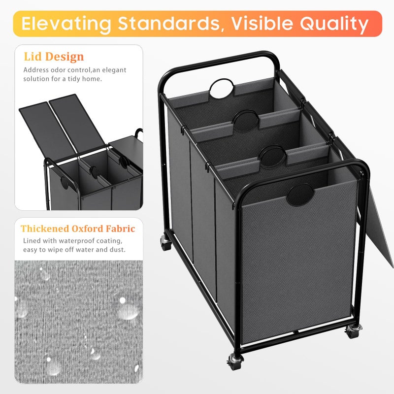 Olldide 180L (47.55 Gal) Laundry Sorter 3 Section, Rolling Laundry Basket with Lockable Wheels and Lid, Laundry Hamper with 3 Separated Removable Bags Dirty Clothes Hamper for Laundry Room Organizer, Grey - Image 4