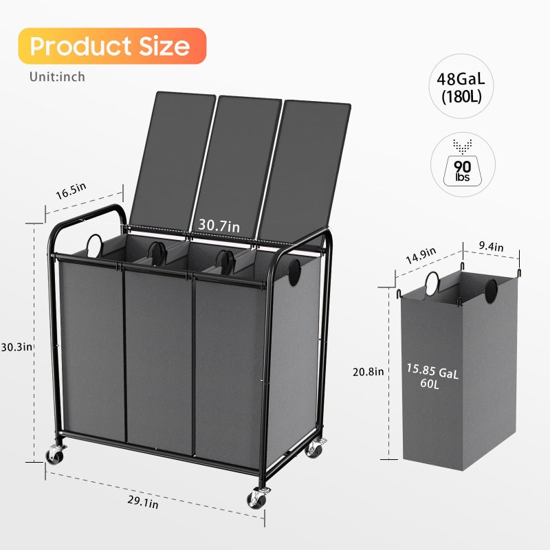 Olldide 180L (47.55 Gal) Laundry Sorter 3 Section, Rolling Laundry Basket with Lockable Wheels and Lid, Laundry Hamper with 3 Separated Removable Bags Dirty Clothes Hamper for Laundry Room Organizer, Grey - Image 2